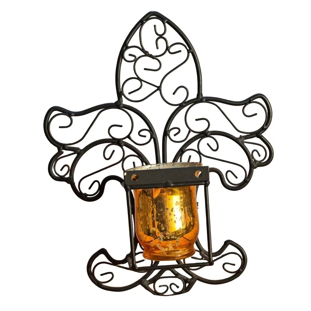 Vintage Ornate Black Metal Wall‎ Sconce Candle Holder with Amber Glass Insert